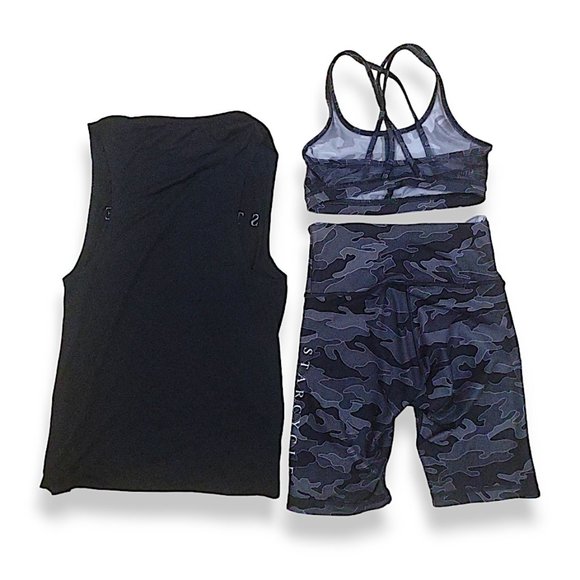 Wear It To Heart WITH lot of 3 camo strappy gym bra biker shorts and tank XS/S - Picture 3 of 8